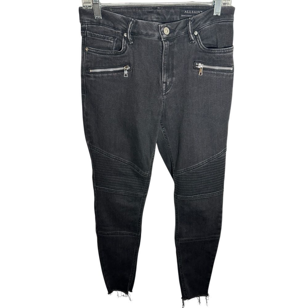Allsaint Womens Black Zip Pocket Stretch Moto Grace Biker Cropped Jeans Size 29